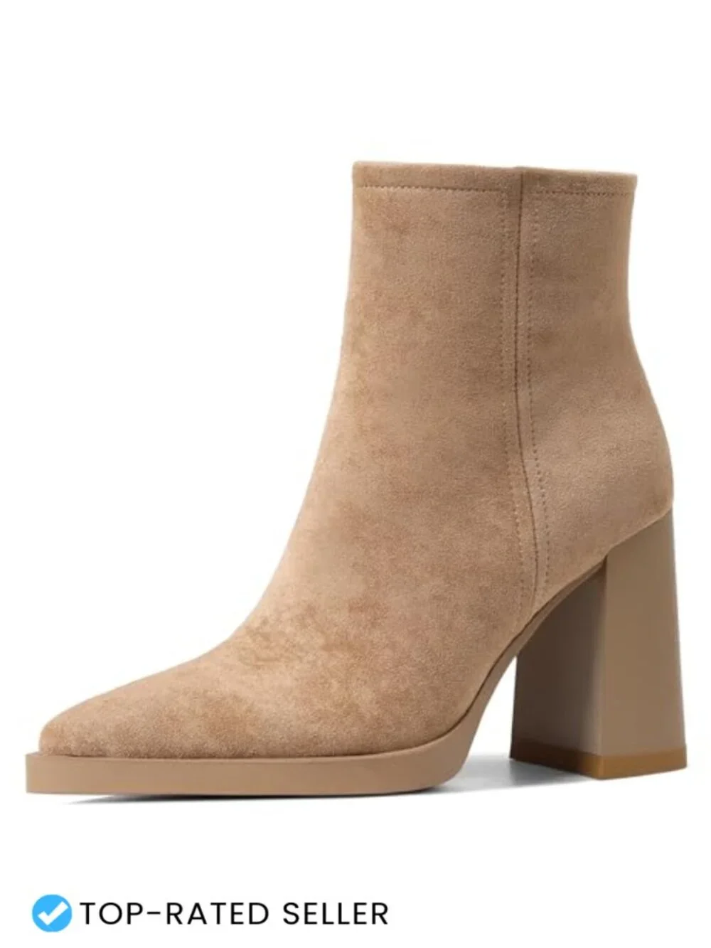 Pointed Toe Platform Chunky Block Heel Ankle Booties with Side Zipper, Suede